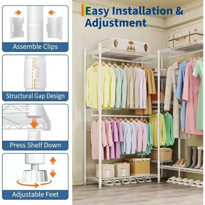 Heavy Duty Clothes Rack,Freestanding Clothes Rack with Shelves& Hanger,Wardrobe Clothes Organizer For Bedroom&Laundry Room,Max Load 500 LBS