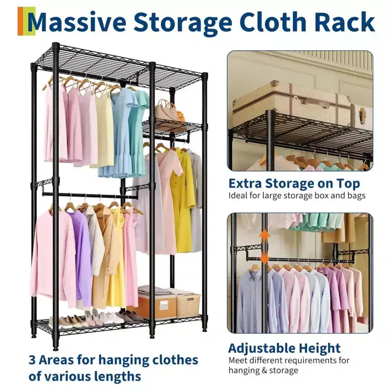 Heavy Duty Clothes Rack,Freestanding Clothes Rack with Shelves& Hanger,Wardrobe Clothes Organizer For Bedroom&Laundry Room,Max Load 500 LBS