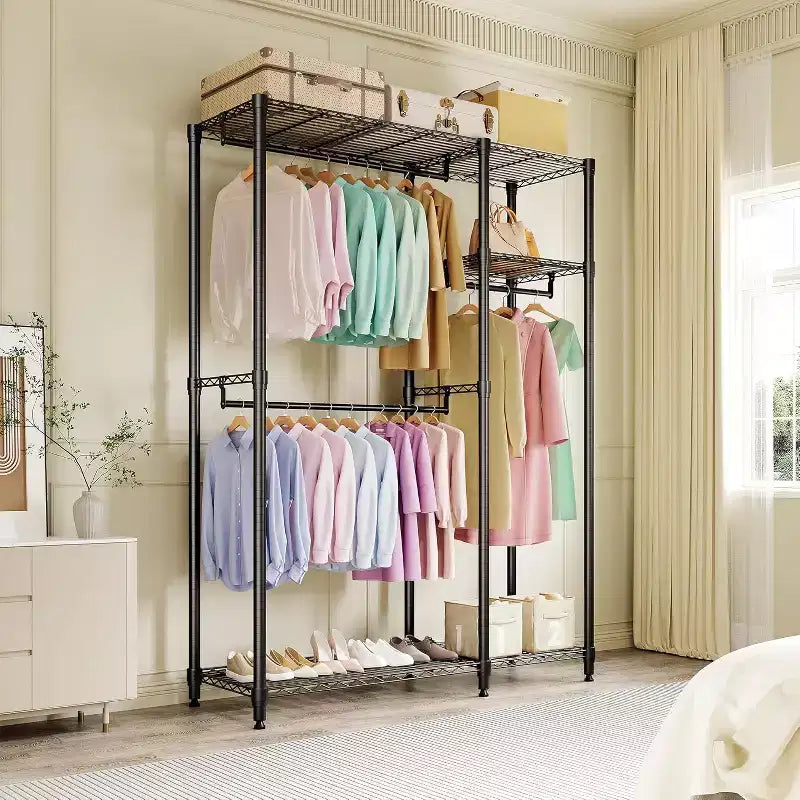 Heavy Duty Clothes Rack,Freestanding Clothes Rack with Shelves& Hanger,Wardrobe Clothes Organizer For Bedroom&Laundry Room,Max Load 500 LBS