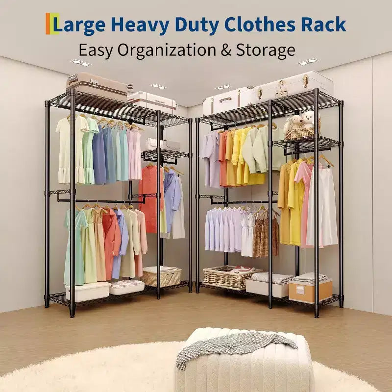 Heavy Duty Clothes Rack,Freestanding Clothes Rack with Shelves& Hanger,Wardrobe Clothes Organizer For Bedroom&Laundry Room,Max Load 500 LBS