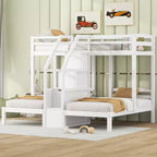Triple Bunk Bed with Storages Staircase, Wood Twin Over Twin & Twin Bunk Bed Frame with Little Drawer and Storage Board for 3, White