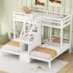 Triple Bunk Bed with Storages Staircase, Wood Twin Over Twin & Twin Bunk Bed Frame with Little Drawer and Storage Board for 3, White