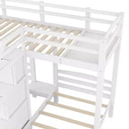 Triple Bunk Bed with Storages Staircase, Wood Twin Over Twin & Twin Bunk Bed Frame with Little Drawer and Storage Board for 3, White