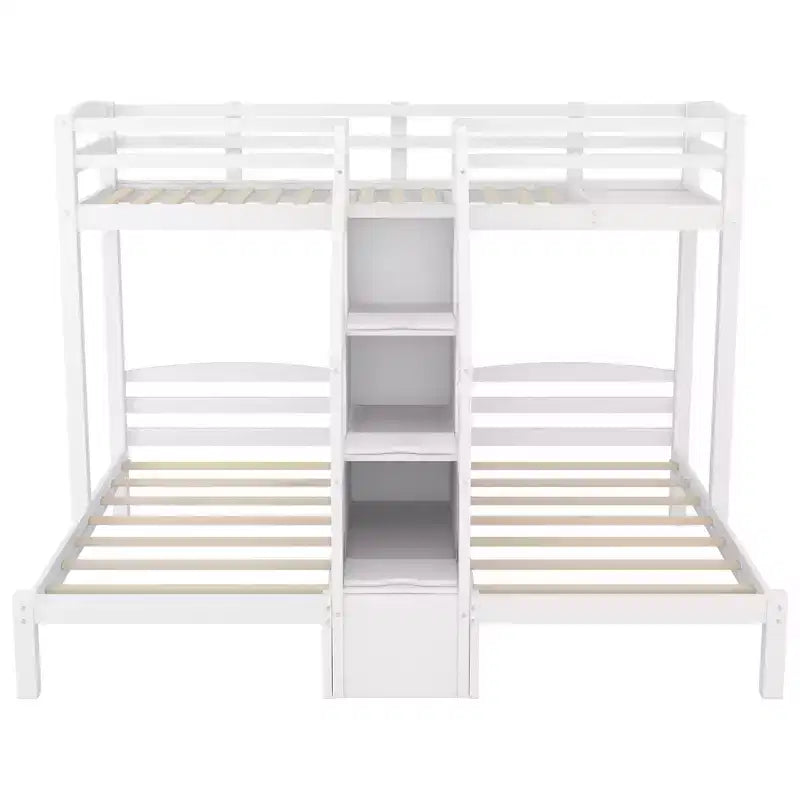 Triple Bunk Bed with Storages Staircase, Wood Twin Over Twin & Twin Bunk Bed Frame with Little Drawer and Storage Board for 3, White