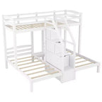 Triple Bunk Bed with Storages Staircase, Wood Twin Over Twin & Twin Bunk Bed Frame with Little Drawer and Storage Board for 3, White