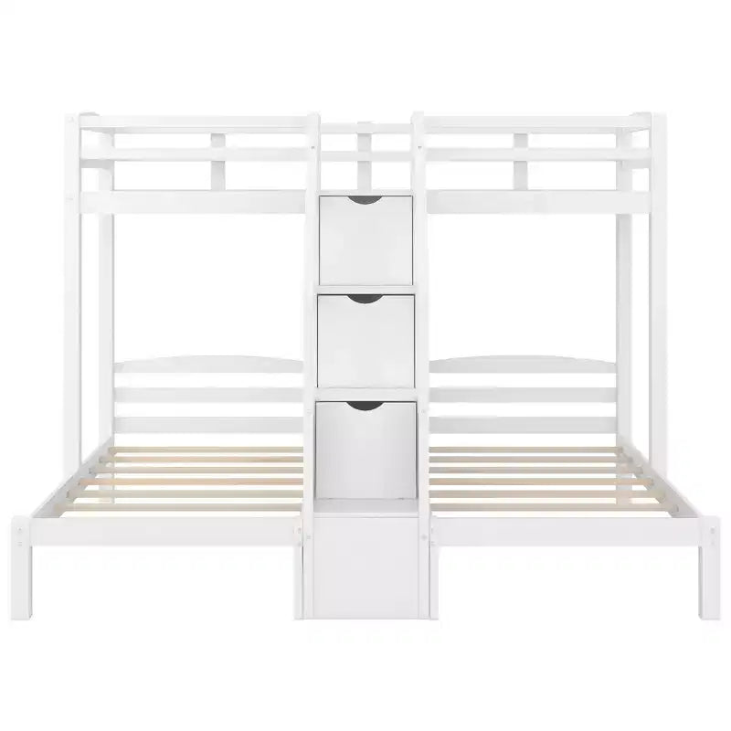 Triple Bunk Bed with Storages Staircase, Wood Twin Over Twin & Twin Bunk Bed Frame with Little Drawer and Storage Board for 3, White