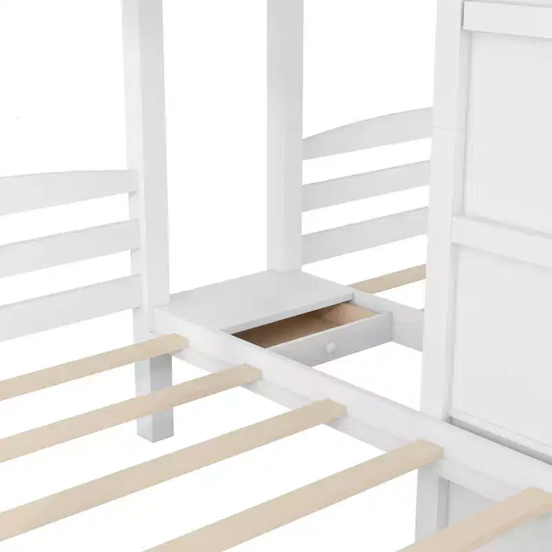 Triple Bunk Bed with Storages Staircase, Wood Twin Over Twin & Twin Bunk Bed Frame with Little Drawer and Storage Board for 3, White