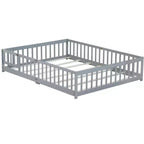 Lit au sol Bellemave Queen avec clôture et porte, cadre de lit au sol en bois d'hévéa avec barrières de sécurité pour enfants