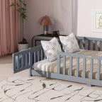 Lit au sol Bellemave Queen avec clôture et porte, cadre de lit au sol en bois d'hévéa avec barrières de sécurité pour enfants