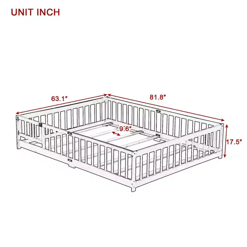 Lit au sol Bellemave Queen avec clôture et porte, cadre de lit au sol en bois d'hévéa avec barrières de sécurité pour enfants