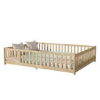 Lit au sol Bellemave Queen avec clôture et porte, cadre de lit au sol en bois d'hévéa avec barrières de sécurité pour enfants