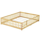 Lit au sol Bellemave Queen avec clôture et porte, cadre de lit au sol en bois d'hévéa avec barrières de sécurité pour enfants