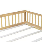 Lit au sol Bellemave Queen avec clôture et porte, cadre de lit au sol en bois d'hévéa avec barrières de sécurité pour enfants