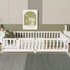 Lit au sol Bellemave Queen avec clôture et porte, cadre de lit au sol en bois d'hévéa avec barrières de sécurité pour enfants