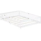 Lit au sol Bellemave Queen avec clôture et porte, cadre de lit au sol en bois d'hévéa avec barrières de sécurité pour enfants