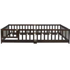 Lit au sol Bellemave Queen avec clôture et porte, cadre de lit au sol en bois d'hévéa avec barrières de sécurité pour enfants