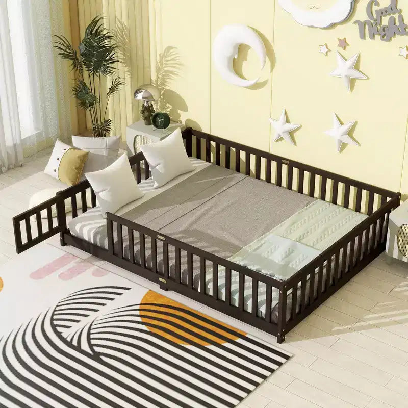 Bellemave Queen Floor Bed with Fence and Door,Rubber Wood Floor Bed Frame with Safety Guardrails for Kids