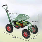 Chariot de jardin roulant avec siège réglable et pivotant à 360° – Cadre en acier robuste avec plateau à outils pour projets extérieurs – Vert