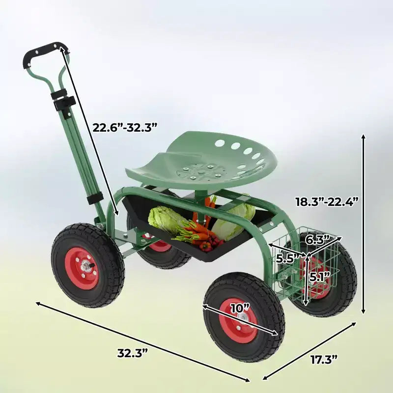 Chariot de jardin roulant avec siège réglable et pivotant à 360° – Cadre en acier robuste avec plateau à outils pour projets extérieurs – Vert