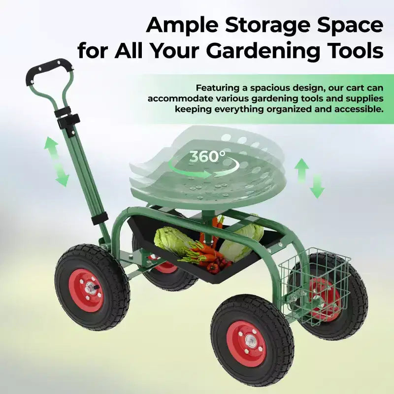 Chariot de jardin roulant avec siège réglable et pivotant à 360° – Cadre en acier robuste avec plateau à outils pour projets extérieurs – Vert