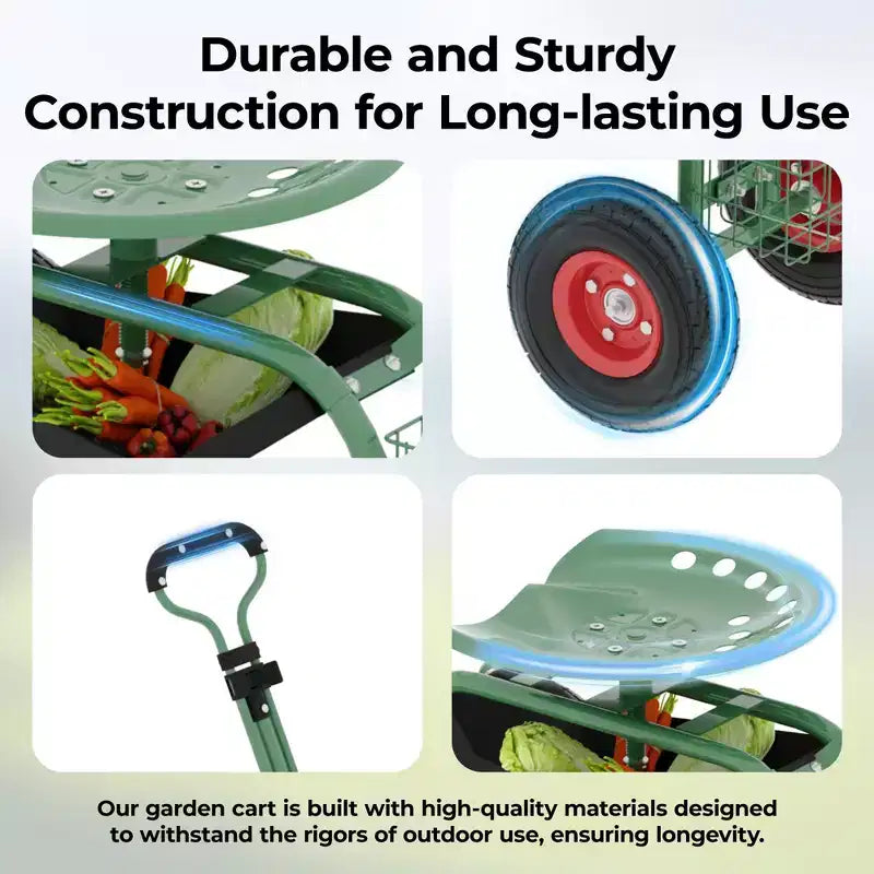 Chariot de jardin roulant avec siège réglable et pivotant à 360° – Cadre en acier robuste avec plateau à outils pour projets extérieurs – Vert