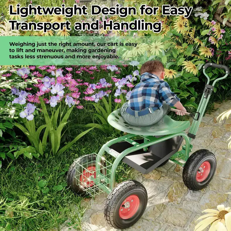 Chariot de jardin roulant avec siège réglable et pivotant à 360° – Cadre en acier robuste avec plateau à outils pour projets extérieurs – Vert