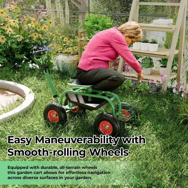 Chariot de jardin roulant avec siège réglable et pivotant à 360° – Cadre en acier robuste avec plateau à outils pour projets extérieurs – Vert