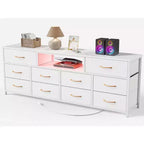 63 Inch Wide White TV Stand Dresser For 75 Inch TV 10 Drawer Fabric Storage Chest Charging Station LED Lights Media Console Bedroom Furniture Unit