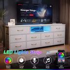 63 Inch Wide White TV Stand Dresser For 75 Inch TV 10 Drawer Fabric Storage Chest Charging Station LED Lights Media Console Bedroom Furniture Unit