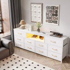 63 Inch Wide White TV Stand Dresser For 75 Inch TV 10 Drawer Fabric Storage Chest Charging Station LED Lights Media Console Bedroom Furniture Unit