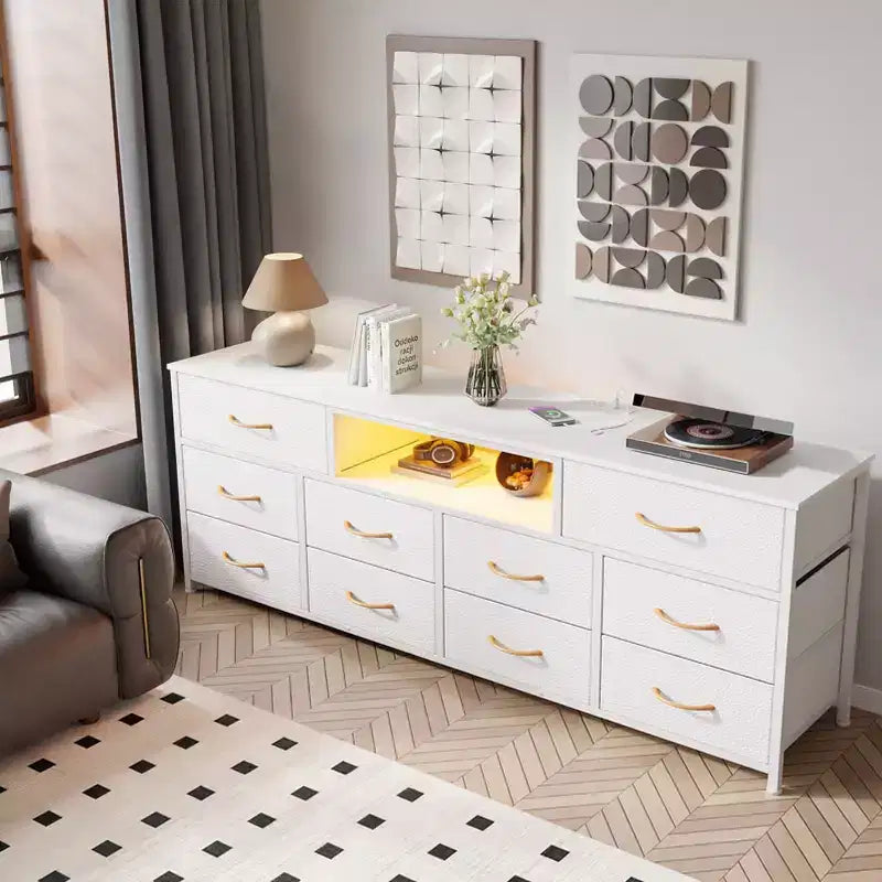 63 Inch Wide White TV Stand Dresser For 75 Inch TV 10 Drawer Fabric Storage Chest Charging Station LED Lights Media Console Bedroom Furniture Unit