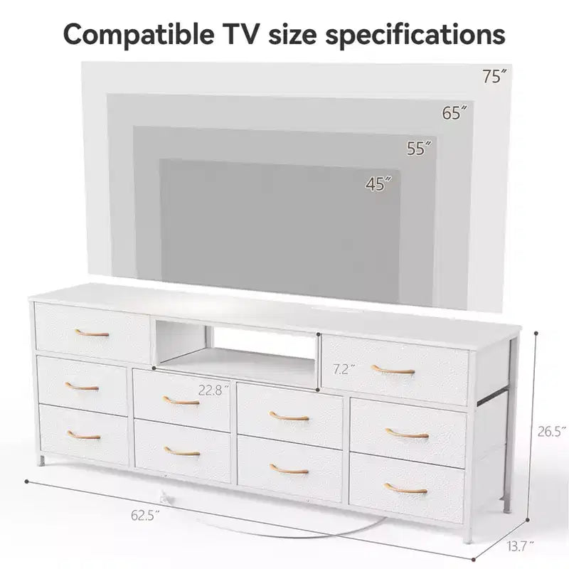 63 Inch Wide White TV Stand Dresser For 75 Inch TV 10 Drawer Fabric Storage Chest Charging Station LED Lights Media Console Bedroom Furniture Unit