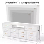 63 Inch Wide White TV Stand Dresser For 75 Inch TV 10 Drawer Fabric Storage Chest Charging Station LED Lights Media Console Bedroom Furniture Unit