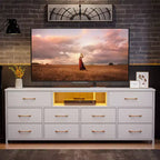 63 Inch Wide White TV Stand Dresser For 75 Inch TV 10 Drawer Fabric Storage Chest Charging Station LED Lights Media Console Bedroom Furniture Unit