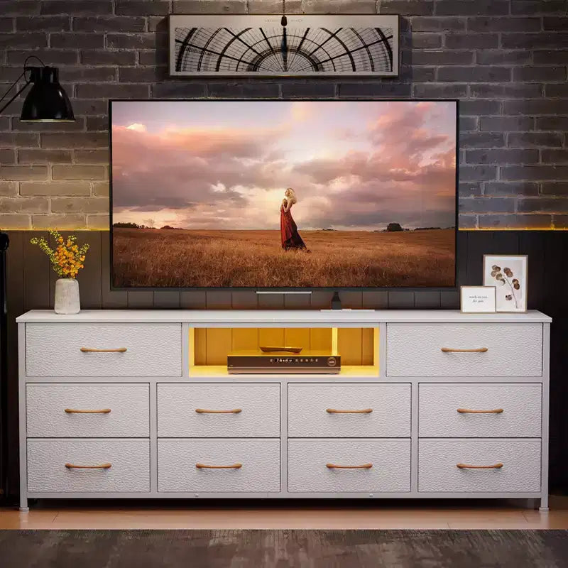 63 Inch Wide White TV Stand Dresser For 75 Inch TV 10 Drawer Fabric Storage Chest Charging Station LED Lights Media Console Bedroom Furniture Unit