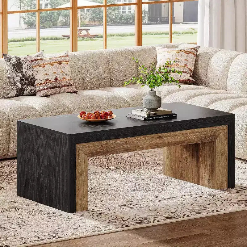 Lantine 47-Inch Coffee Table for Living Room, Mid-Century Modern Farmhouse Center with Sturdy Base for Apartment, Easy Assembly, Black & Walnut