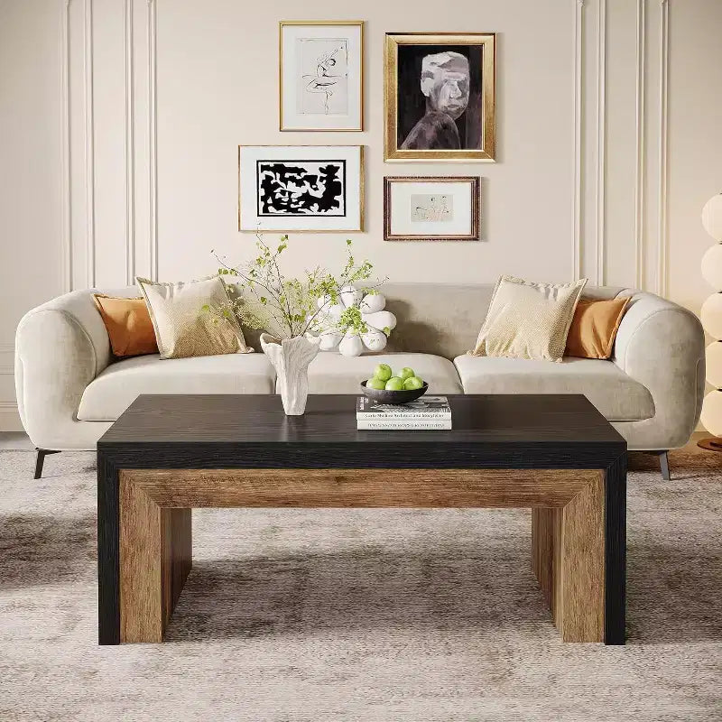 Lantine 47-Inch Coffee Table for Living Room, Mid-Century Modern Farmhouse Center with Sturdy Base for Apartment, Easy Assembly, Black & Walnut