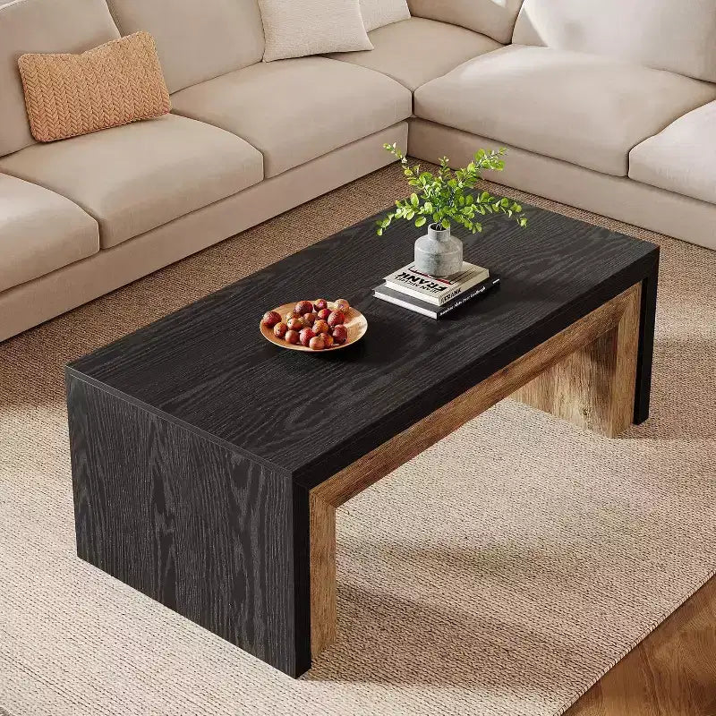 Lantine 47-Inch Coffee Table for Living Room, Mid-Century Modern Farmhouse Center with Sturdy Base for Apartment, Easy Assembly, Black & Walnut