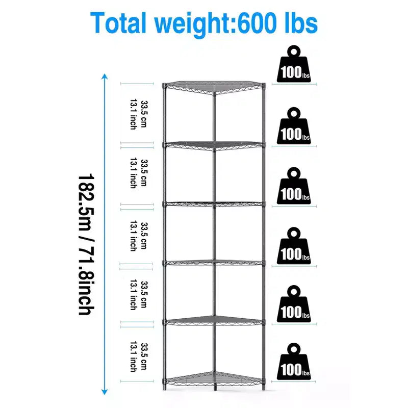 VIYET 72 6-Tier Corner Wire Shelf Rack - Black Chrome Adjustable Metal, NSF Certified 600LBS