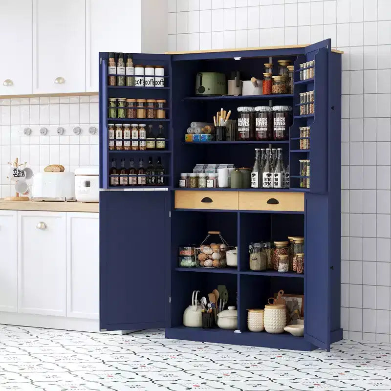 GDFStudio Teman Freestanding Kitchen Pantry Storage Cabinet with 2 Drawers and 8 Door Shelves