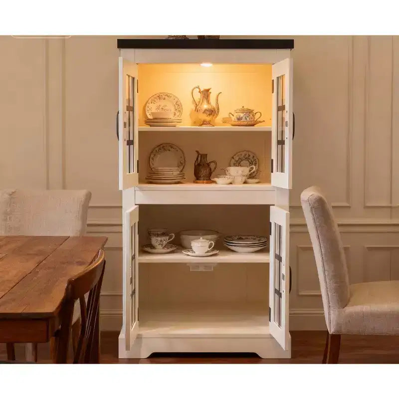 Buffet Cabinet with Storage, Sideboard Buffet with Glass Doors, Built-in Power Outlet, Black Relief Top Plate, for Kitchen, Coffee Bar, Pantry
