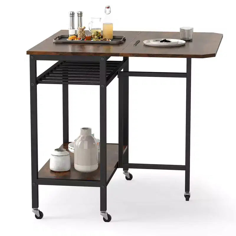 Costway Folding Dining Table Movable Kitchen Table w/ Wine Rack Storage Shelf & Wheels
