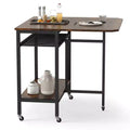Costway Folding Dining Table Movable Kitchen Table w/ Wine Rack Storage Shelf & Wheels