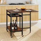 Costway Folding Dining Table Movable Kitchen Table w/ Wine Rack Storage Shelf & Wheels