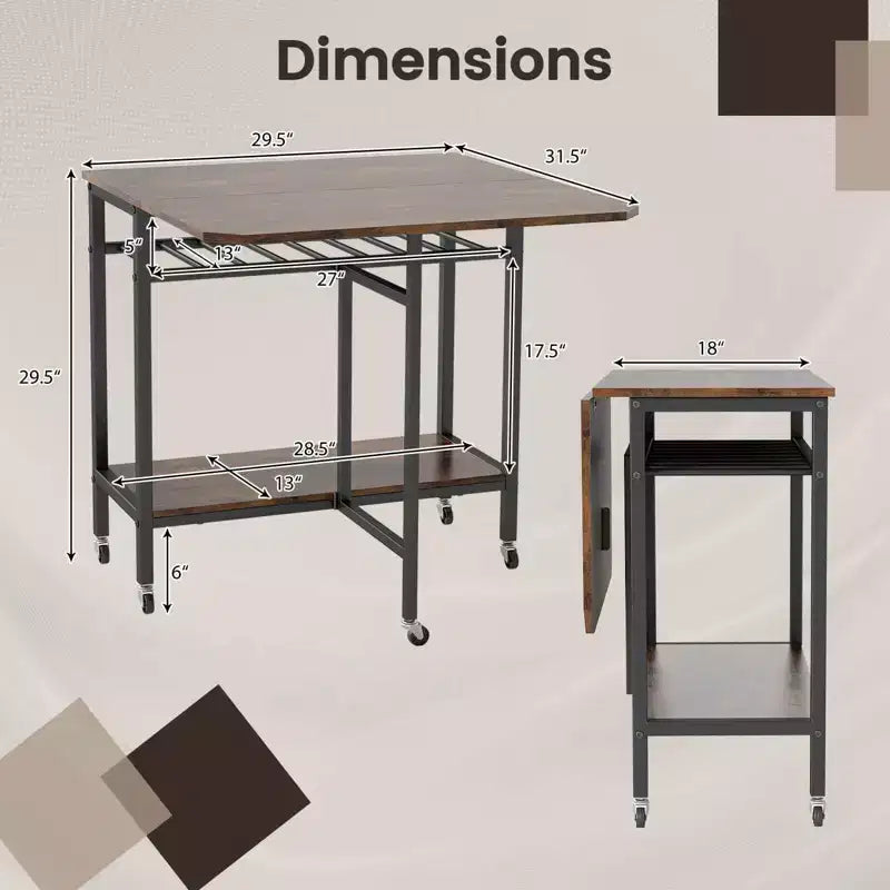 Costway Folding Dining Table Movable Kitchen Table w/ Wine Rack Storage Shelf & Wheels