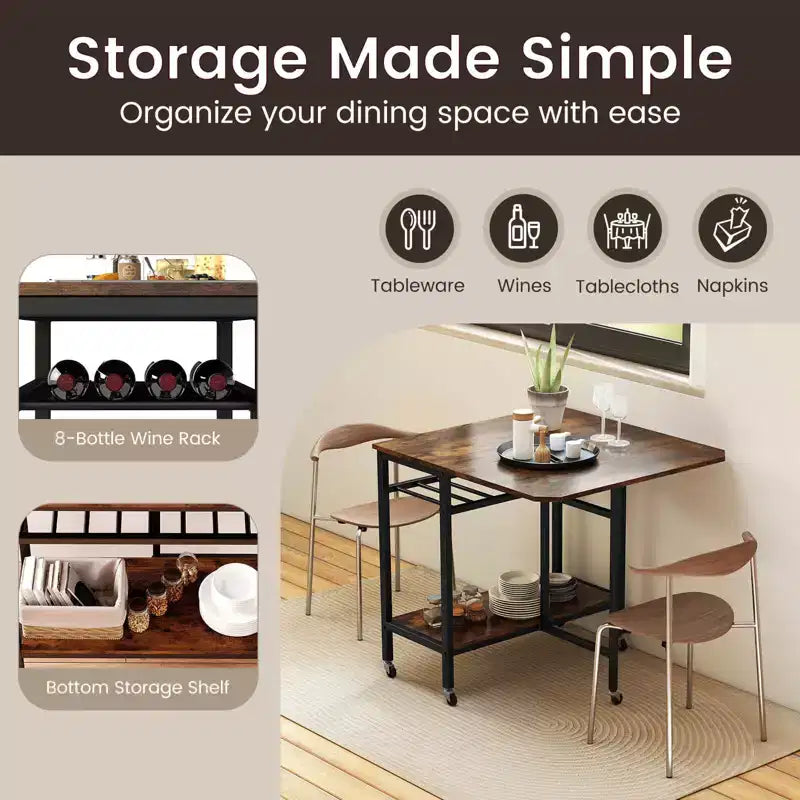 Costway Folding Dining Table Movable Kitchen Table w/ Wine Rack Storage Shelf & Wheels