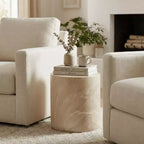 LeisureMod Vintara Round Accent Table - Brushed Stone-Style Fiberstone Side Table