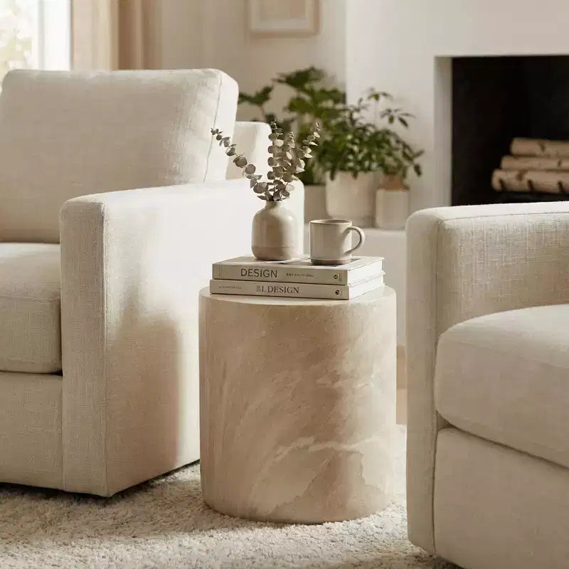 LeisureMod Vintara Round Accent Table - Brushed Stone-Style Fiberstone Side Table