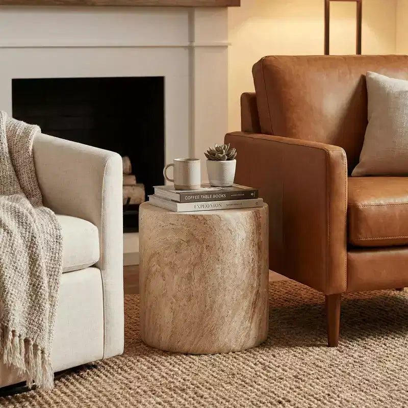 LeisureMod Vintara Round Accent Table - Brushed Stone-Style Fiberstone Side Table