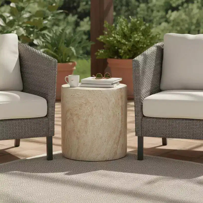 LeisureMod Vintara Round Accent Table - Brushed Stone-Style Fiberstone Side Table